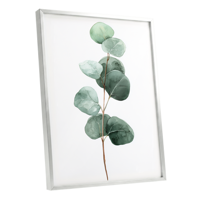 Silver Leaf Stillness, green, white, brown nature wall art shown as a silver framed poster wall art print