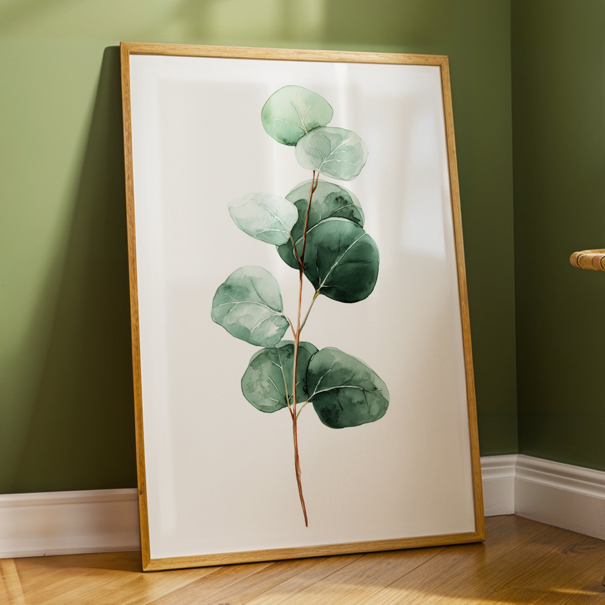 Silver Leaf Stillness, green, white, brown nature wall art displayed in a styled interior, gallery view 2