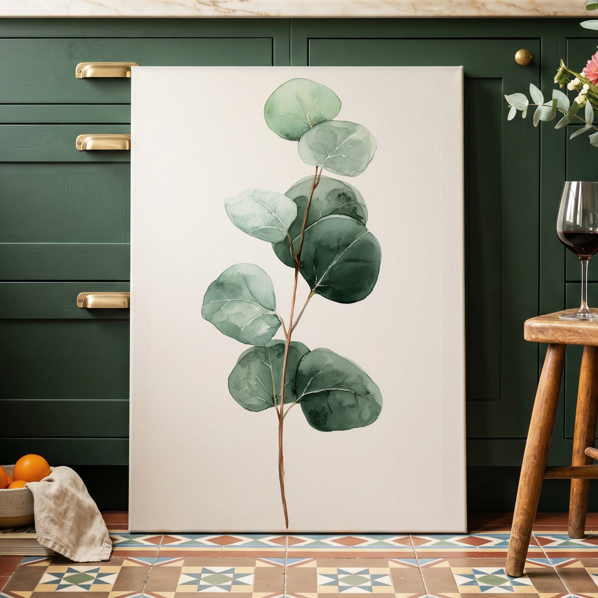 Silver Leaf Stillness, green, white, brown nature wall art displayed in a styled interior, gallery view 3