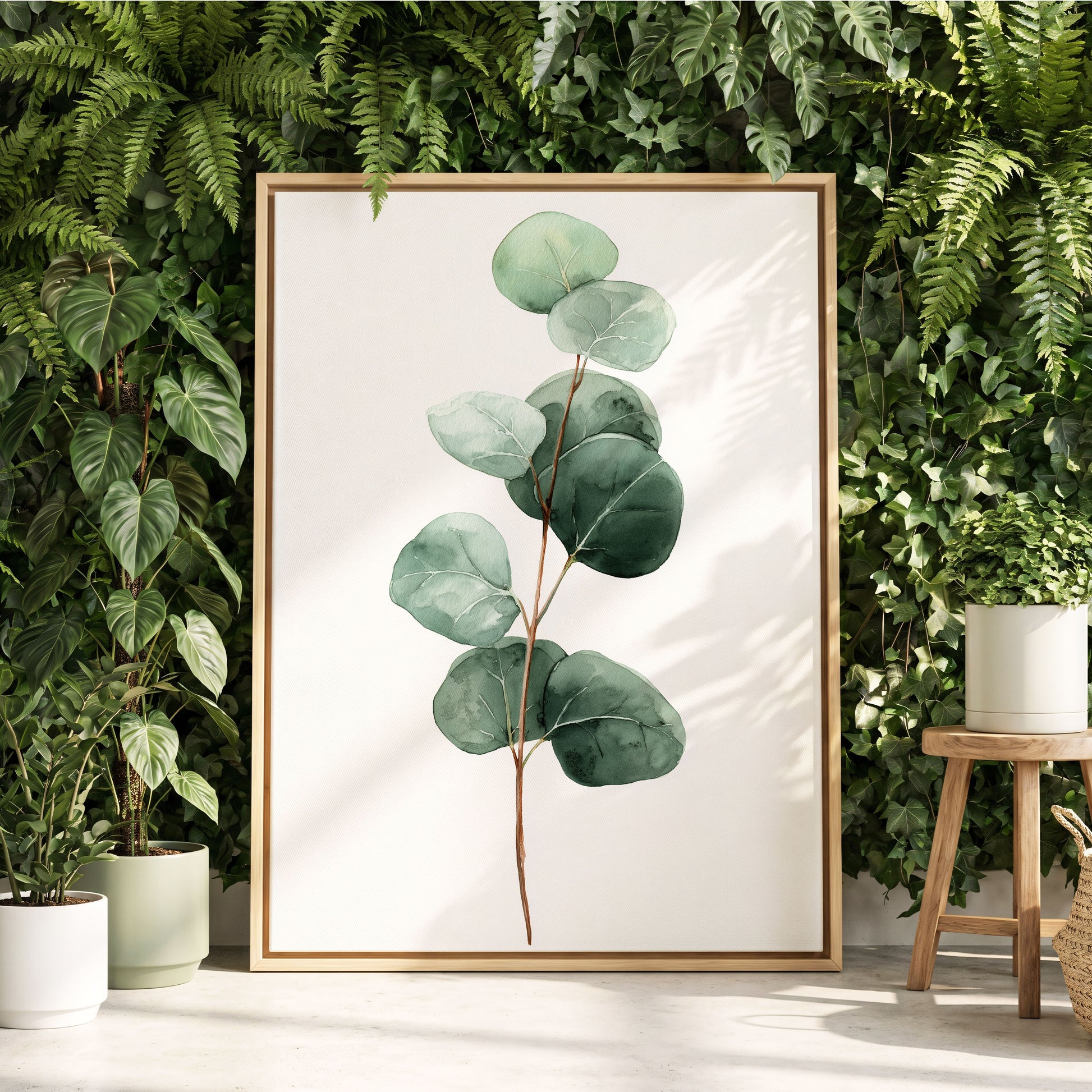 Silver Leaf Stillness, green, white, brown nature wall art displayed in a styled interior, gallery view 4