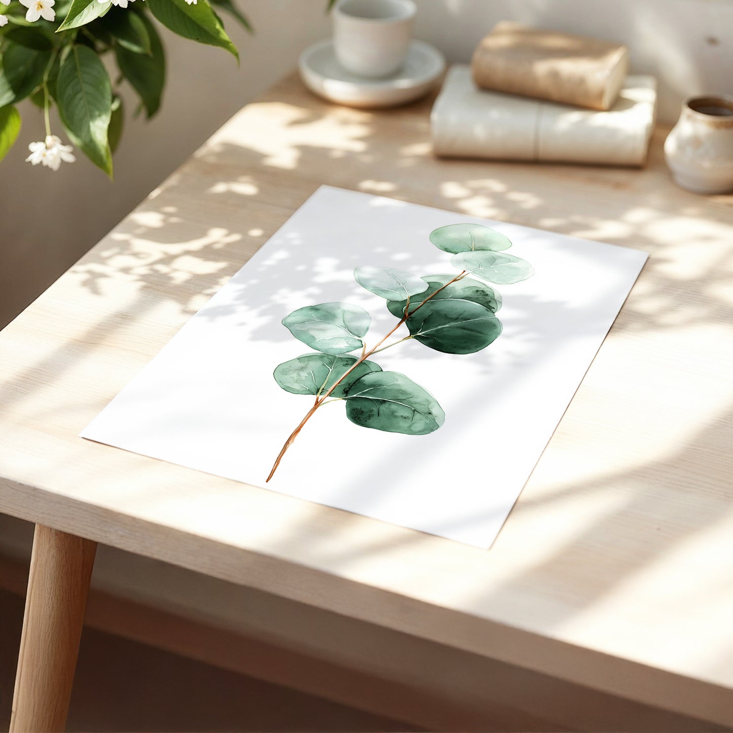 Silver Leaf Stillness, green, white, brown nature wall art displayed in a styled interior, gallery view 5