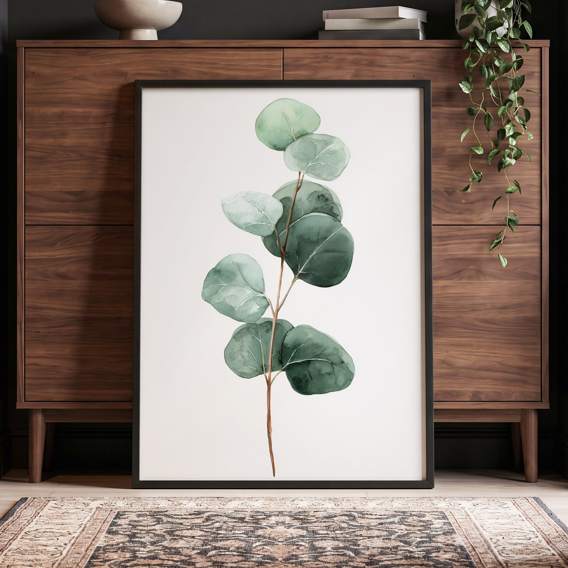 Silver Leaf Stillness, green, white, brown nature wall art displayed in a styled interior, gallery view 6