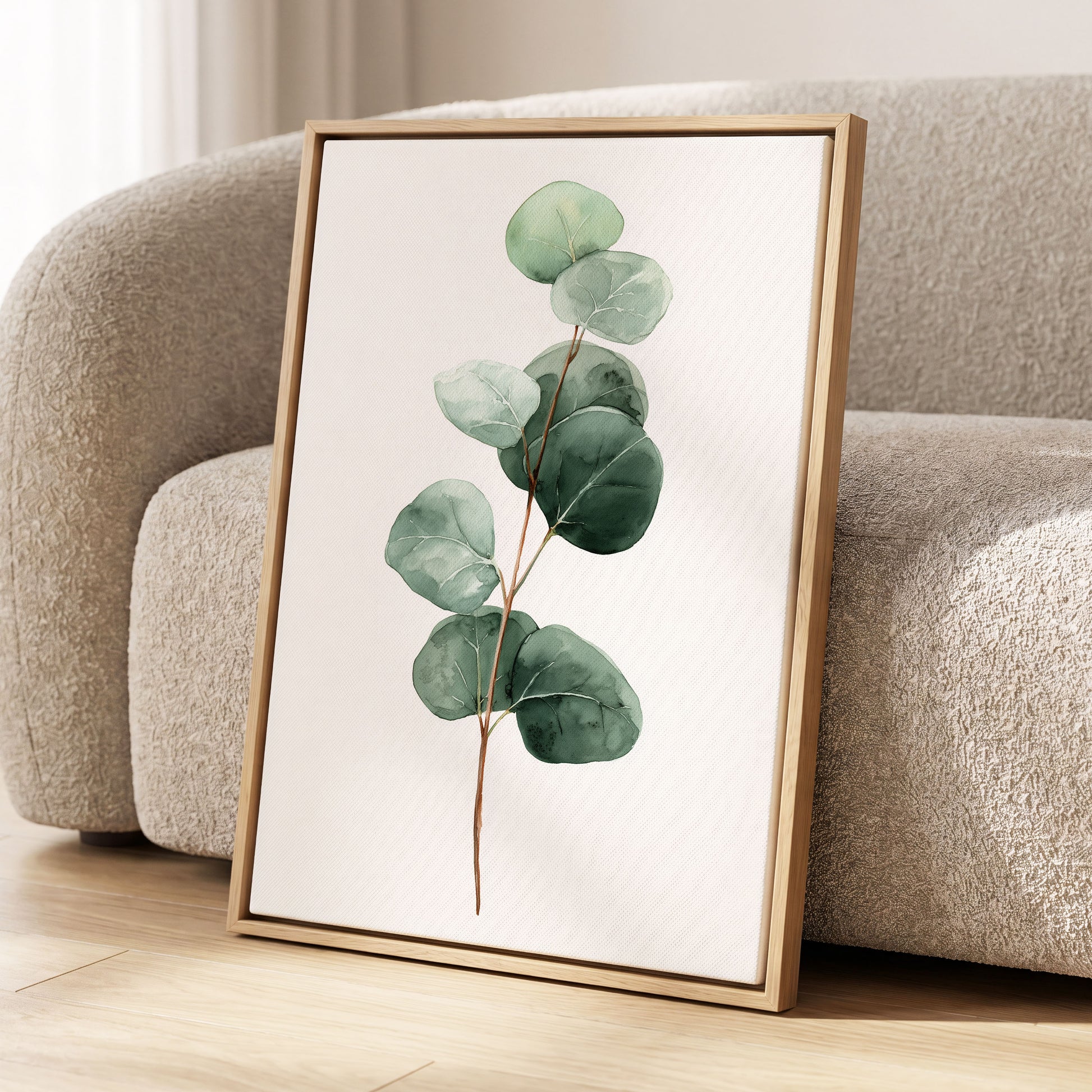 Silver Leaf Stillness, green, white, brown nature wall art displayed in a styled interior, gallery view 8