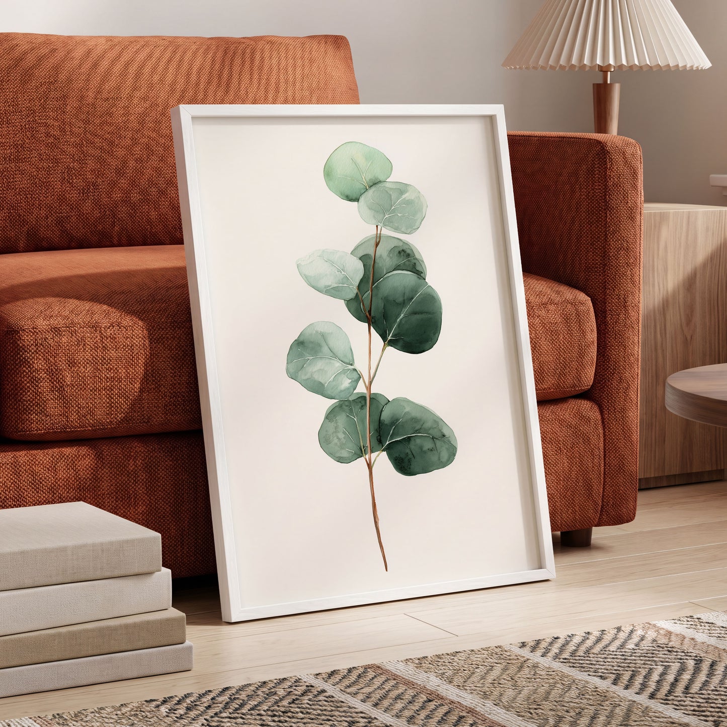 Silver Leaf Stillness, green, white, brown nature wall art displayed in a styled interior, gallery view 9