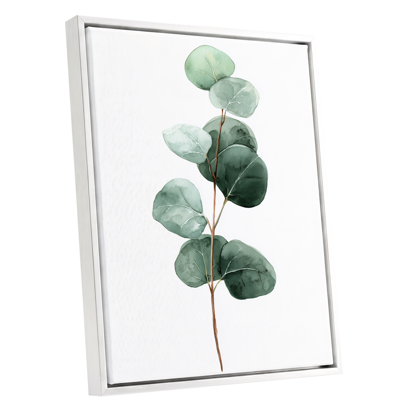Silver Leaf Stillness, green, white, brown nature wall art shown as a white framed canvas wall art