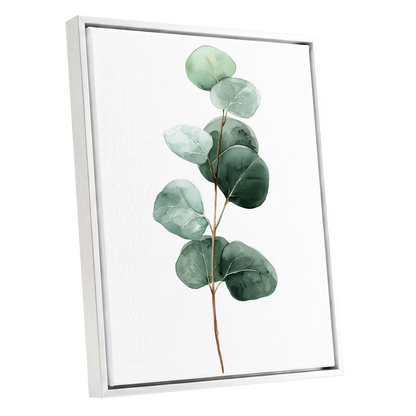 Silver Leaf Stillness, green, white, brown nature wall art shown as a white framed canvas wall art