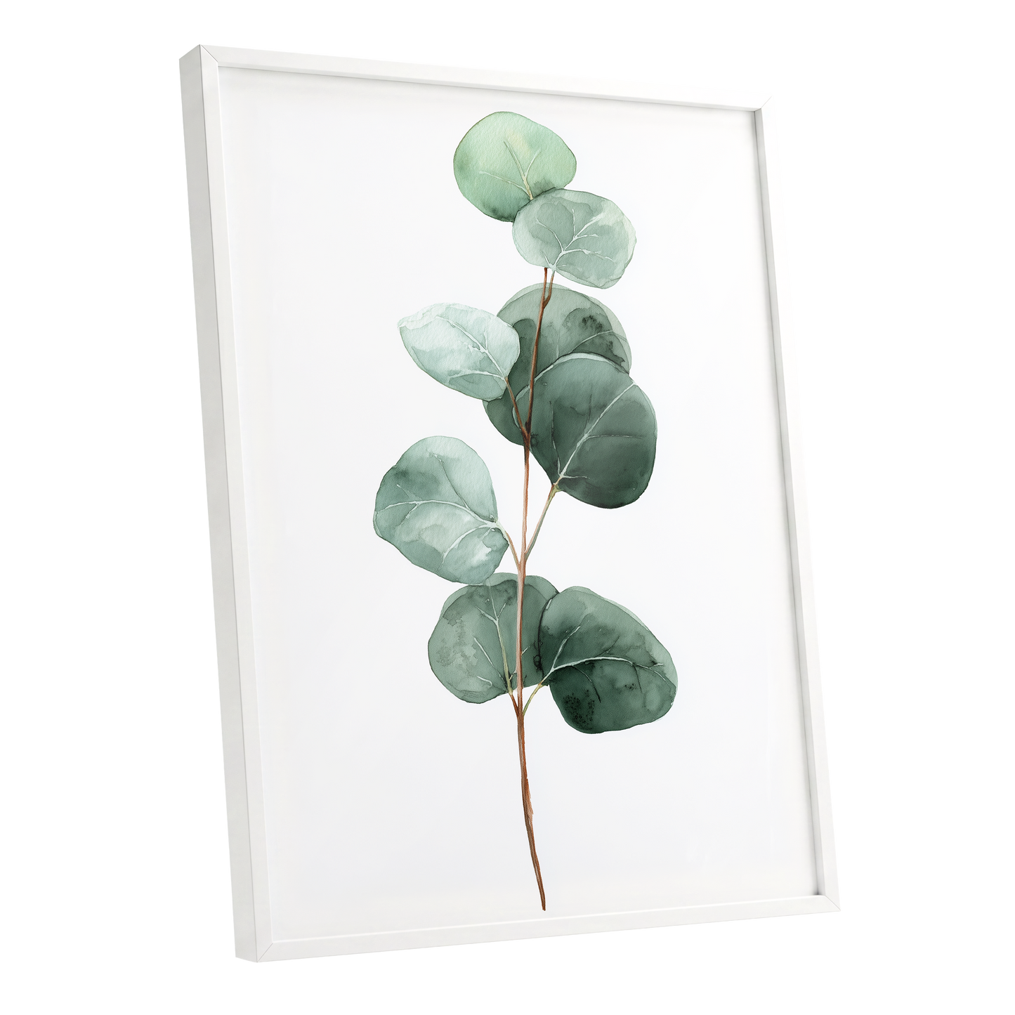 Silver Leaf Stillness, green, white, brown nature wall art shown as a white framed poster wall art print