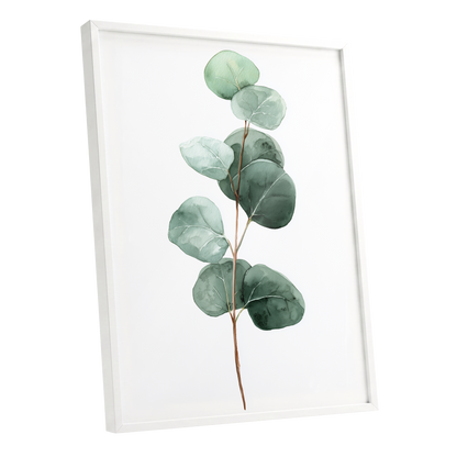 Silver Leaf Stillness, green, white, brown nature wall art shown as a white framed poster wall art print