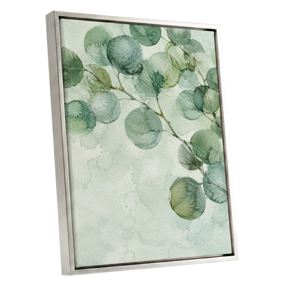 Silverleaf Drift, green, blue, brown nature wall art shown as a silver framed canvas wall art