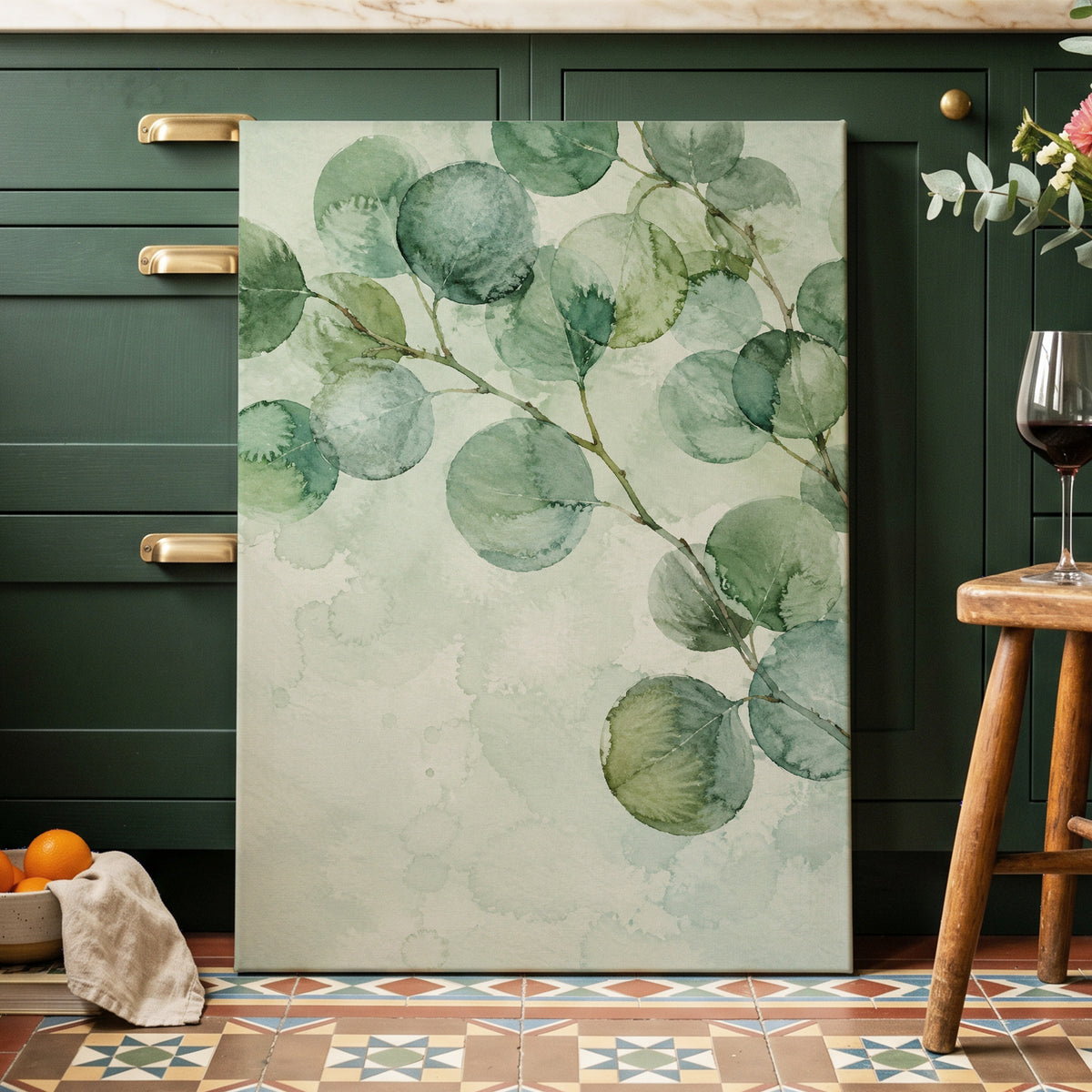 Silverleaf Drift, green, blue, brown nature wall art displayed in a styled interior, gallery view 3