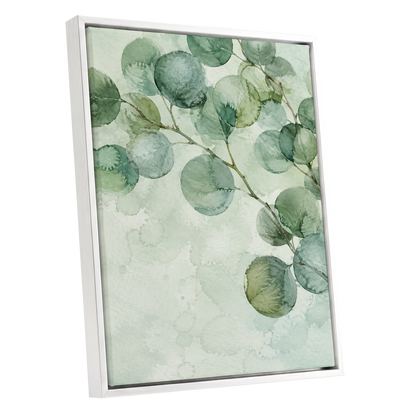 Silverleaf Drift, green, blue, brown nature wall art shown as a white framed canvas wall art