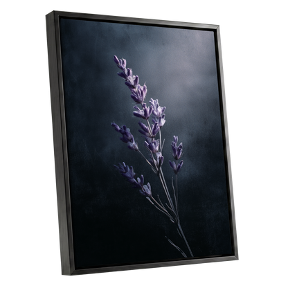 Silverlit Lavender, black, gray, blue floral wall art shown as a black framed canvas wall art