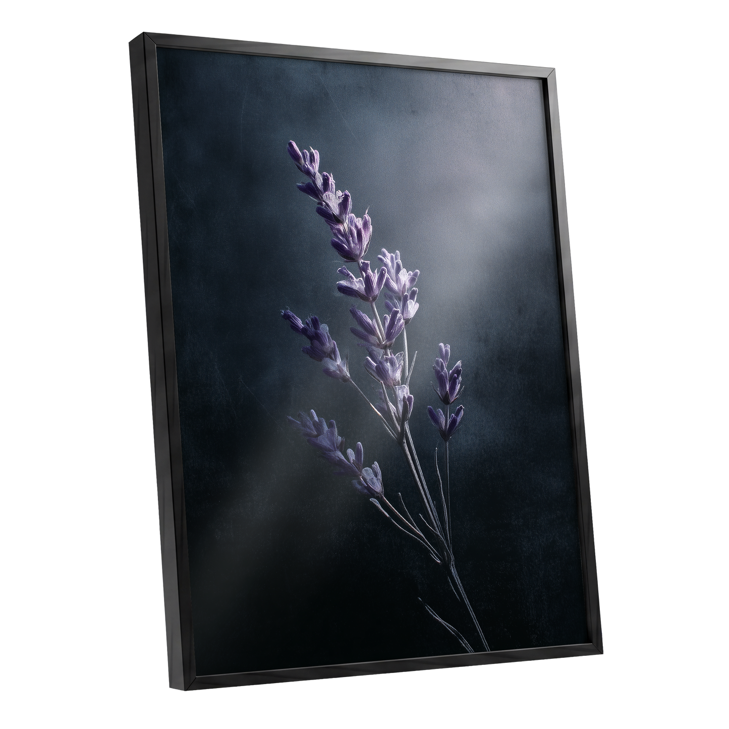 Silverlit Lavender, black, gray, blue floral wall art shown as a black framed poster wall art print