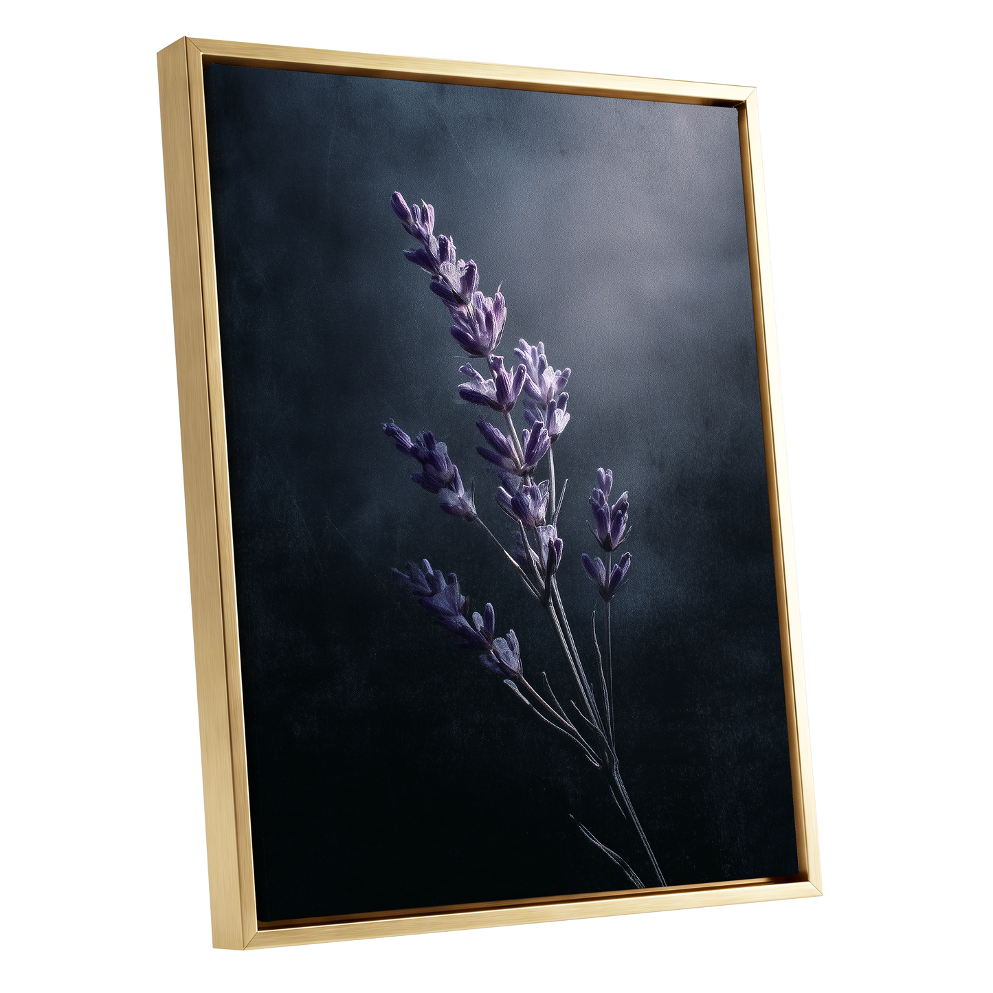Silverlit Lavender, black, gray, blue floral wall art shown as a gold framed canvas wall art