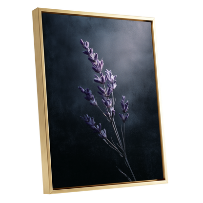 Silverlit Lavender, black, gray, blue floral wall art shown as a gold framed canvas wall art