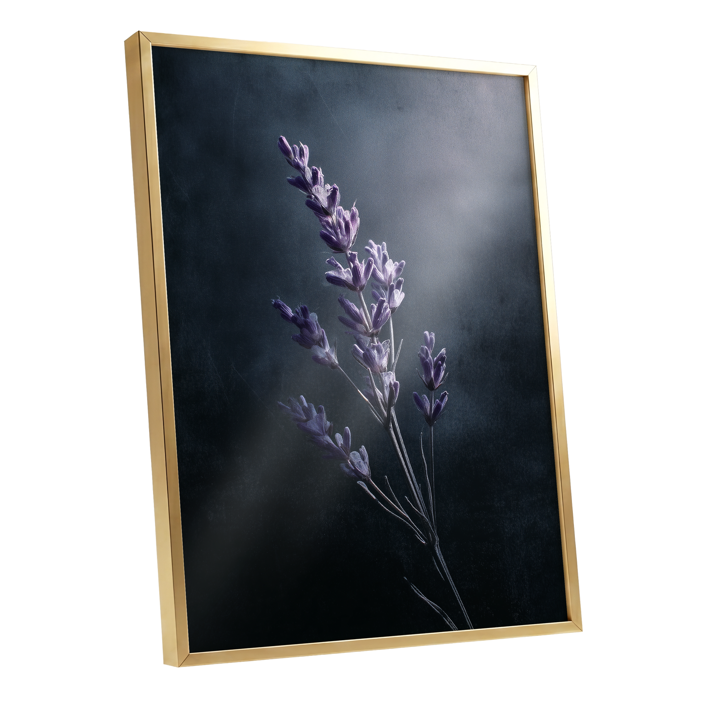 Silverlit Lavender, black, gray, blue floral wall art shown as a gold framed poster wall art print