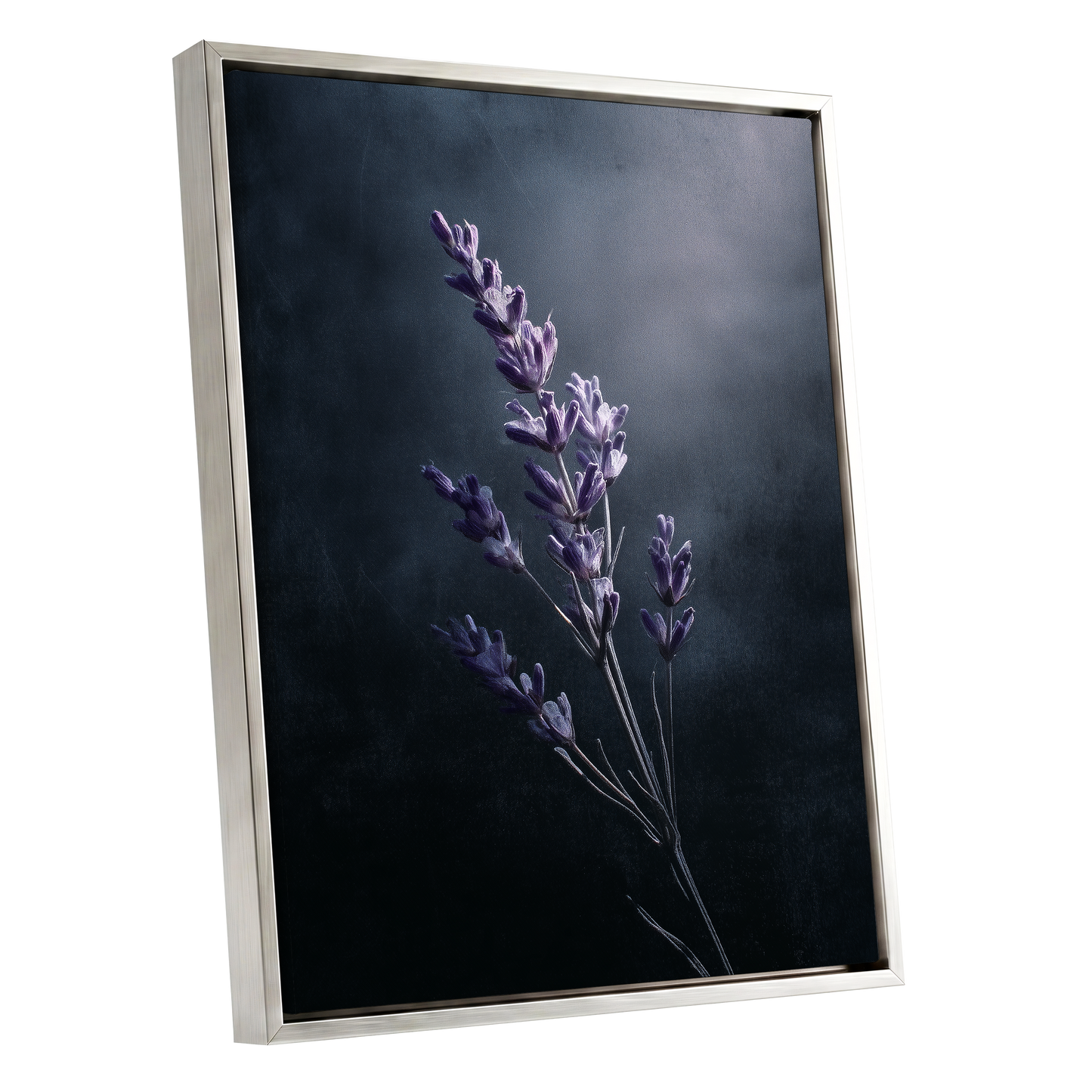 Silverlit Lavender, black, gray, blue floral wall art shown as a silver framed canvas wall art