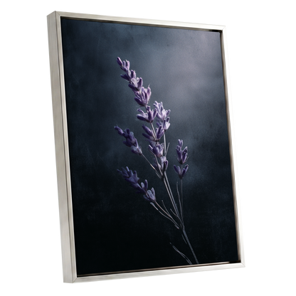 Silverlit Lavender, black, gray, blue floral wall art shown as a silver framed canvas wall art