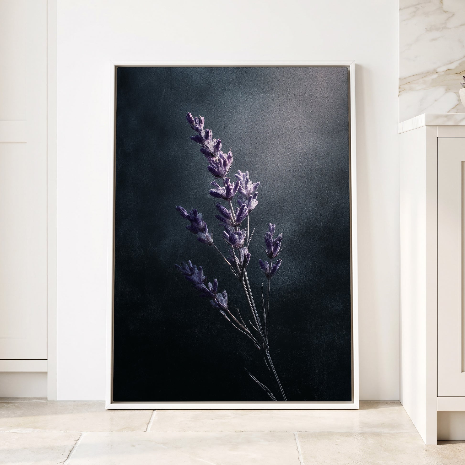 Silverlit Lavender, black, gray, blue floral wall art displayed in a styled interior, gallery view 4