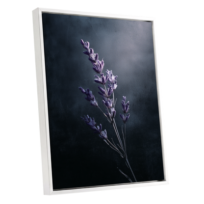 Silverlit Lavender, black, gray, blue floral wall art shown as a white framed canvas wall art