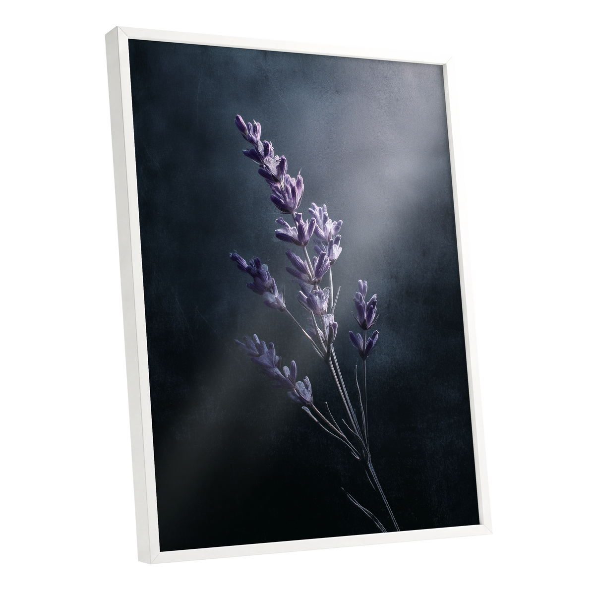 Silverlit Lavender, black, gray, blue floral wall art shown as a white framed poster wall art print