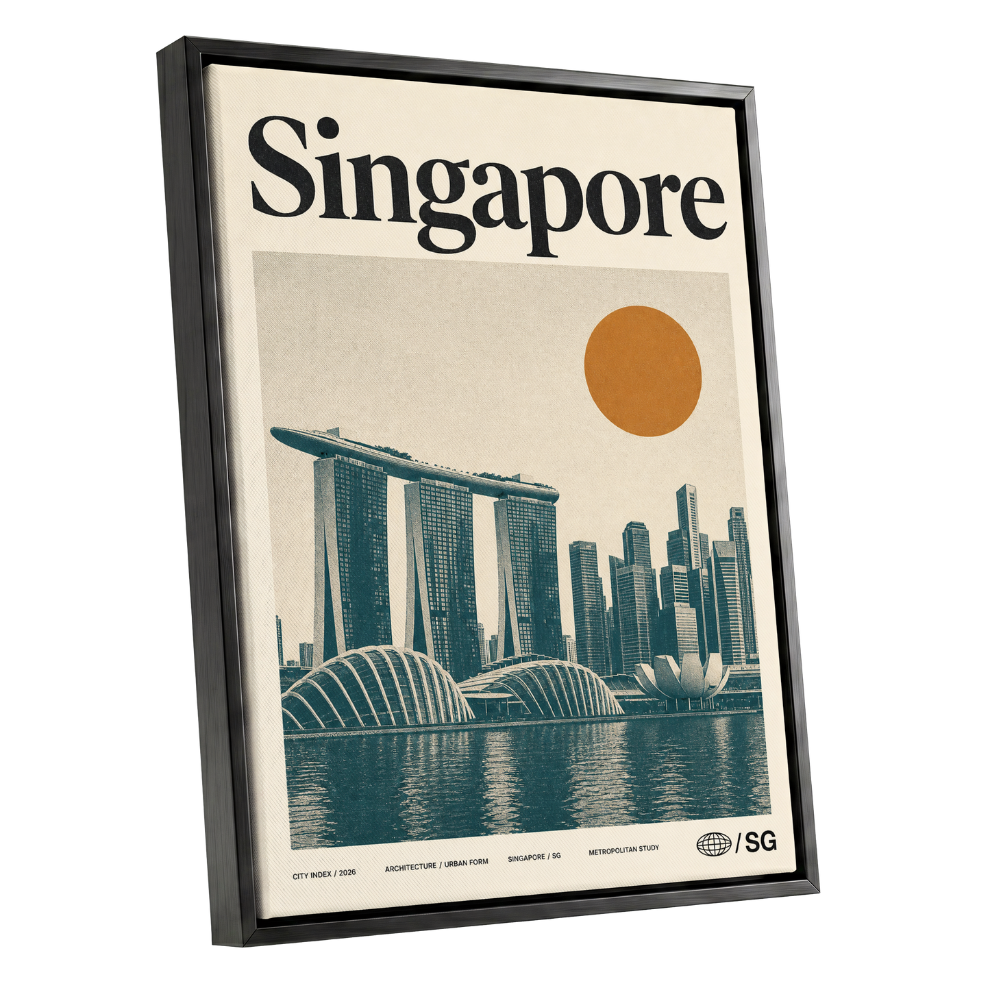 Singapore Modernist Dawn, beige, green, orange minimalist wall art shown as a black framed canvas wall art