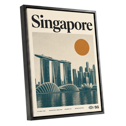 Singapore Modernist Dawn, beige, green, orange minimalist wall art shown as a black framed canvas wall art