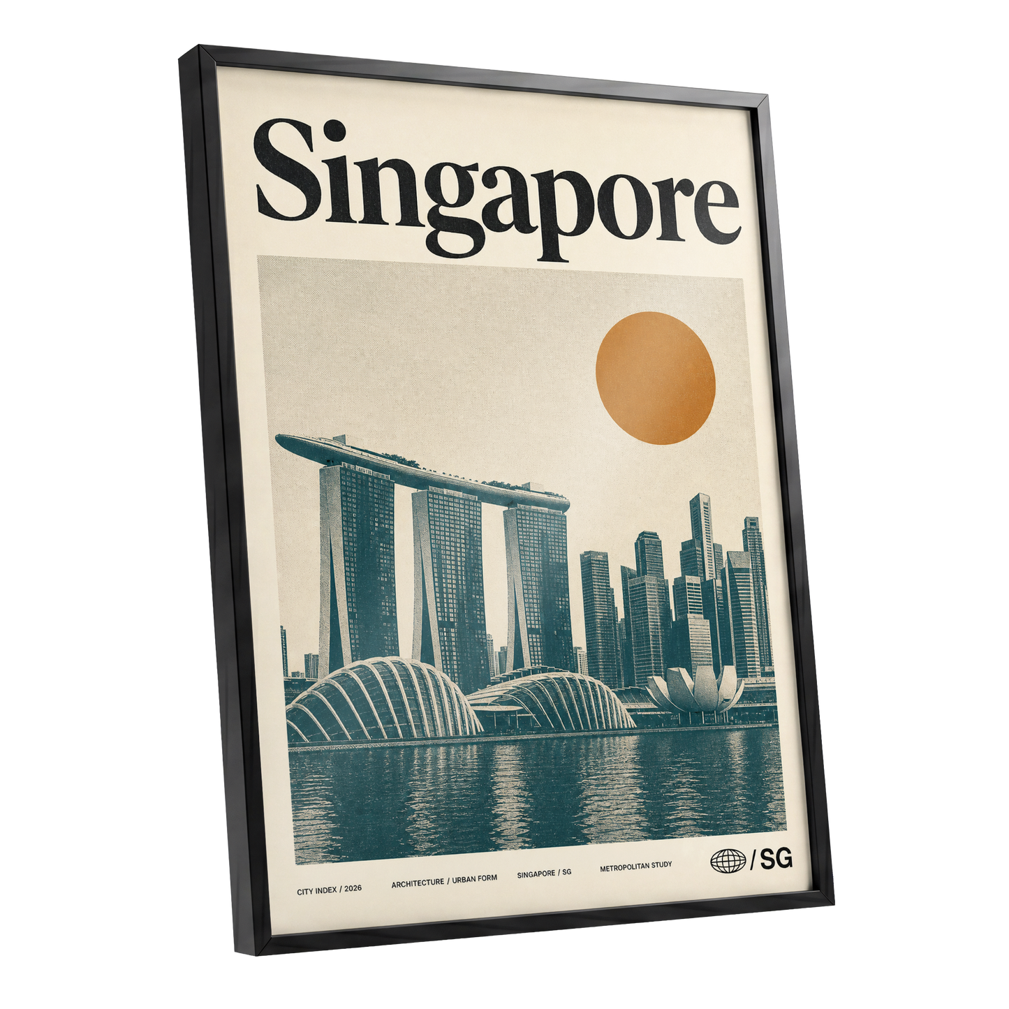 Singapore Modernist Dawn, beige, green, orange minimalist wall art shown as a black framed poster wall art print