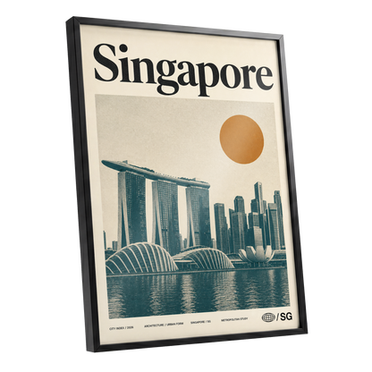Singapore Modernist Dawn, beige, green, orange minimalist wall art shown as a black framed poster wall art print