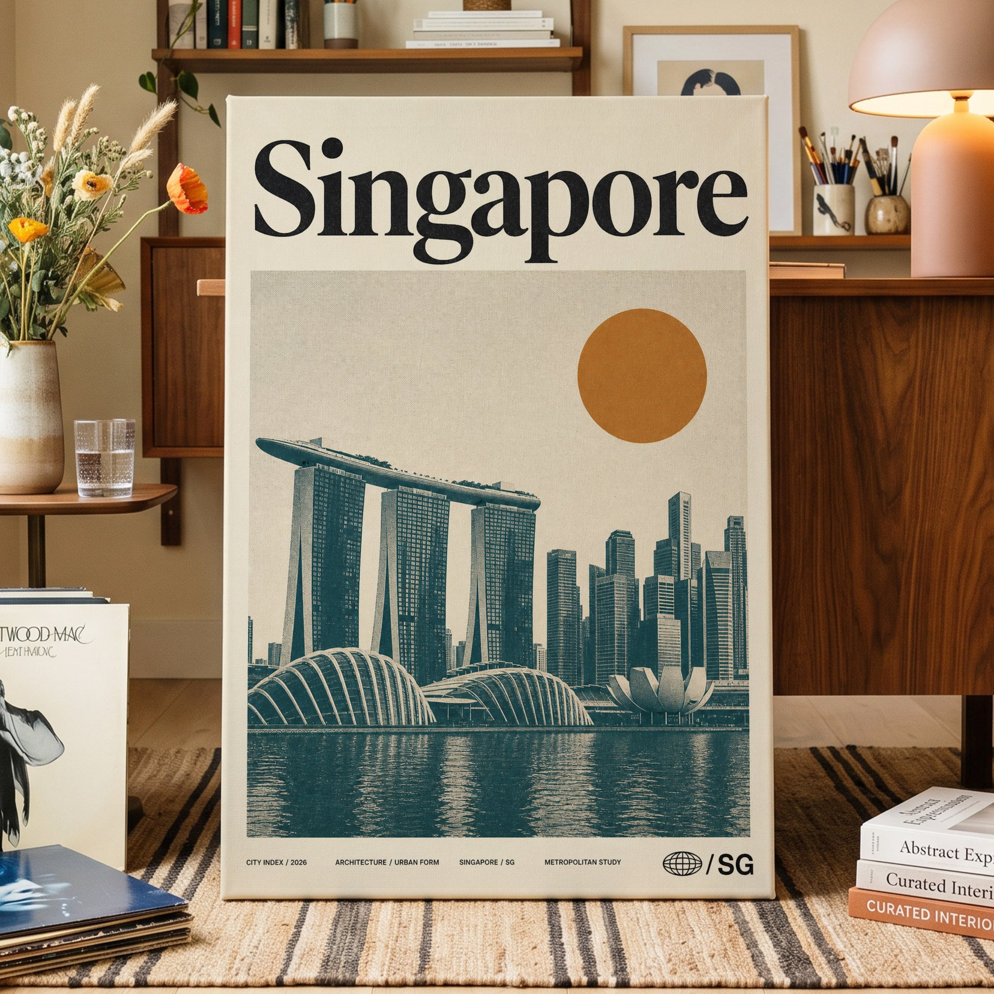 Singapore Modernist Dawn, beige, green, orange minimalist wall art on canvas displayed in a styled interior, gallery view 1