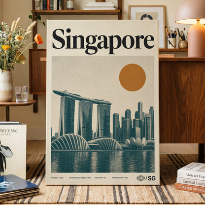 Singapore Modernist Dawn, beige, green, orange minimalist wall art on canvas displayed in a styled interior, gallery view 1