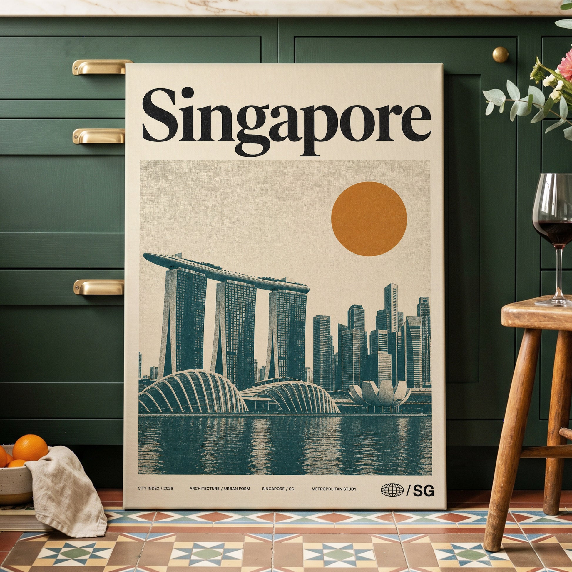 Singapore Modernist Dawn, beige, green, orange minimalist wall art on canvas displayed in a styled interior, gallery view 2