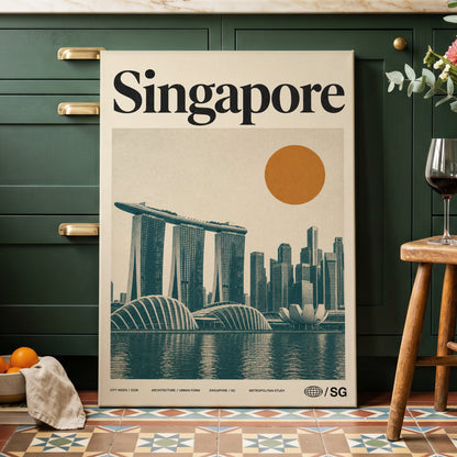 Singapore Modernist Dawn, beige, green, orange minimalist wall art on canvas displayed in a styled interior, gallery view 2