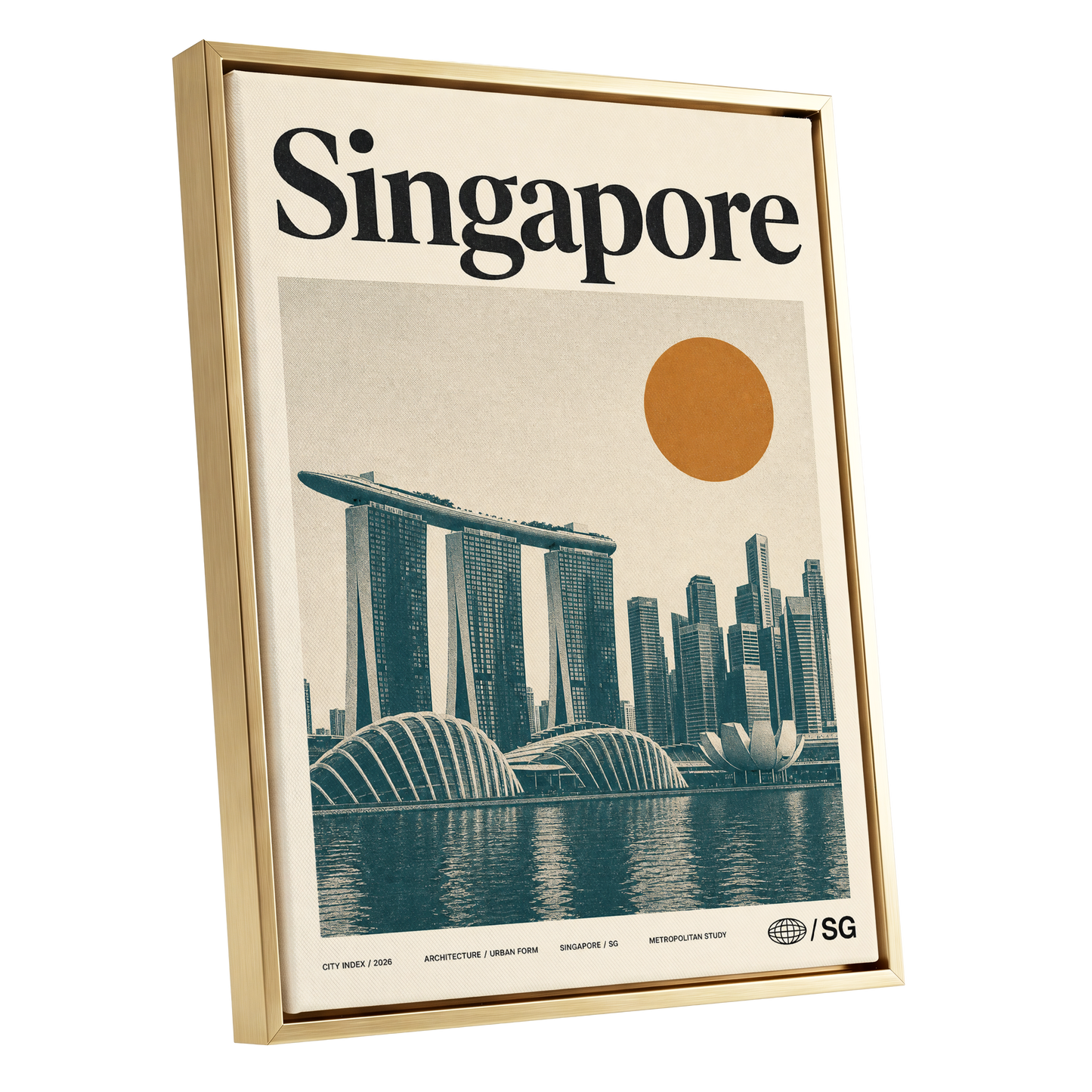 Singapore Modernist Dawn, beige, green, orange minimalist wall art shown as a gold framed canvas wall art