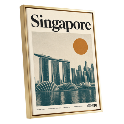 Singapore Modernist Dawn, beige, green, orange minimalist wall art shown as a gold framed canvas wall art
