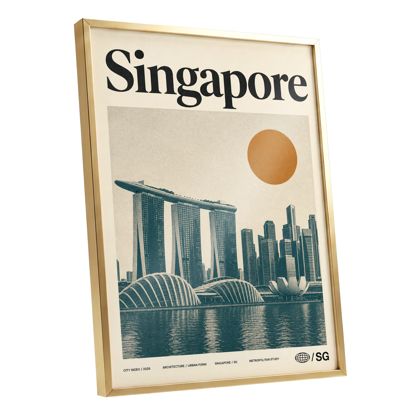 Singapore Modernist Dawn, beige, green, orange minimalist wall art shown as a gold framed poster wall art print