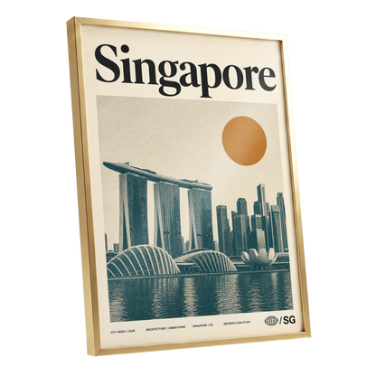 Singapore Modernist Dawn, beige, green, orange minimalist wall art shown as a gold framed poster wall art print