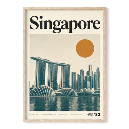 Singapore Modernist Dawn, beige, green, orange minimalist wall art, front artwork view