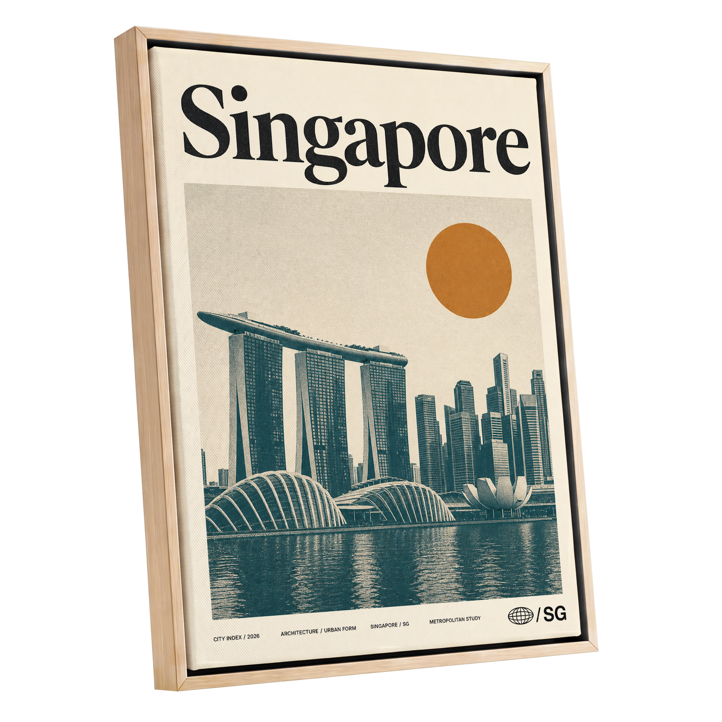 Singapore Modernist Dawn, beige, green, orange minimalist wall art shown as a oak framed canvas wall art