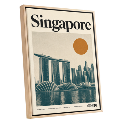 Singapore Modernist Dawn, beige, green, orange minimalist wall art shown as a oak framed canvas wall art