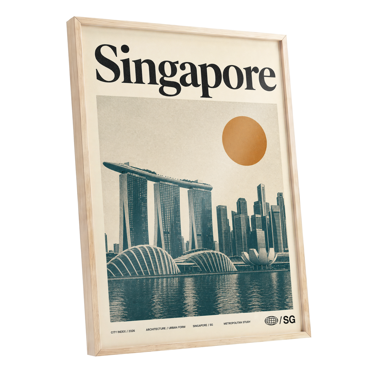 Singapore Modernist Dawn, beige, green, orange minimalist wall art shown as a oak framed poster wall art print