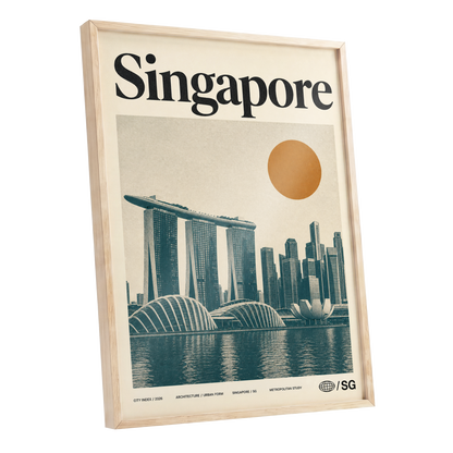 Singapore Modernist Dawn, beige, green, orange minimalist wall art shown as a oak framed poster wall art print