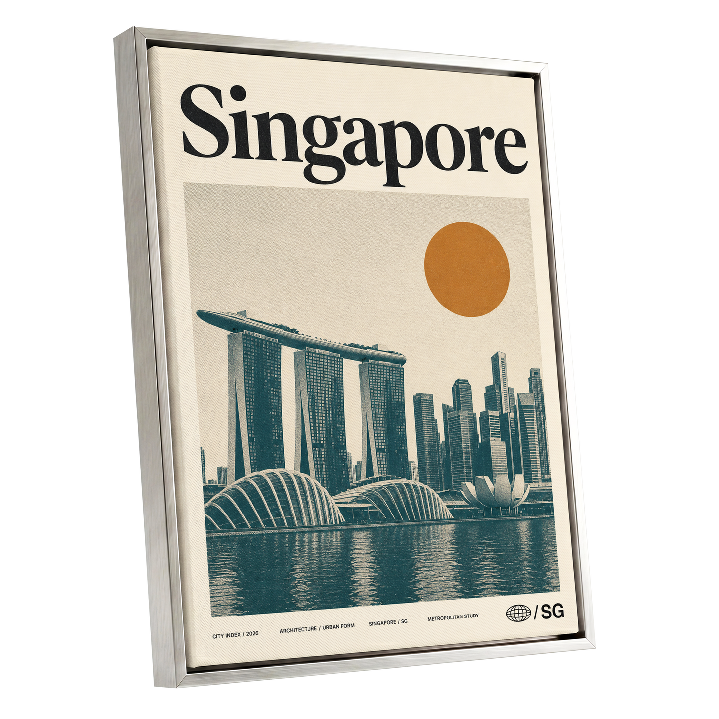 Singapore Modernist Dawn, beige, green, orange minimalist wall art shown as a silver framed canvas wall art