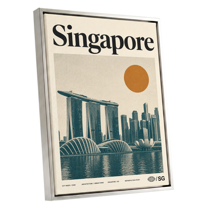 Singapore Modernist Dawn, beige, green, orange minimalist wall art shown as a silver framed canvas wall art