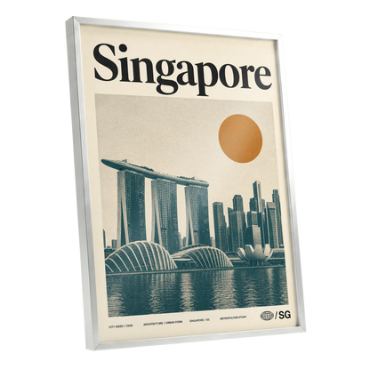 Singapore Modernist Dawn, beige, green, orange minimalist wall art shown as a silver framed poster wall art print