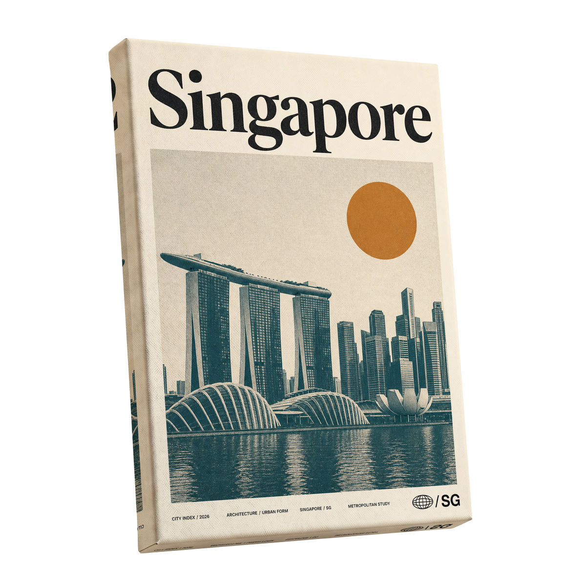 Singapore Modernist Dawn, beige, green, orange minimalist wall art shown as a stretched canvas wall art