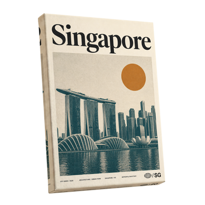 Singapore Modernist Dawn, beige, green, orange minimalist wall art shown as a stretched canvas wall art