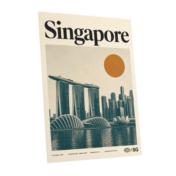 Singapore Modernist Dawn, beige, green, orange minimalist wall art shown as a unframed poster wall art print