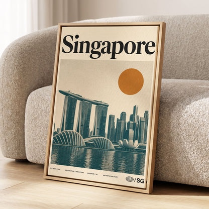 Singapore Modernist Dawn, beige, green, orange minimalist wall art displayed in a styled interior, gallery view 1
