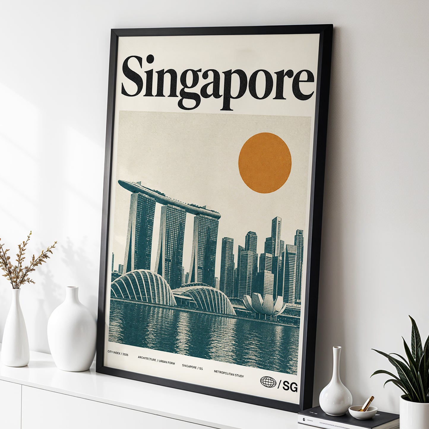 Singapore Modernist Dawn, beige, green, orange minimalist wall art displayed in a styled interior, gallery view 2
